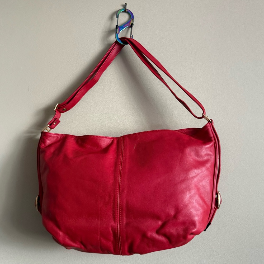 Vintage Red Leather Shoulder Bag / Crossbody Sling Made In Italy Crescent Shape